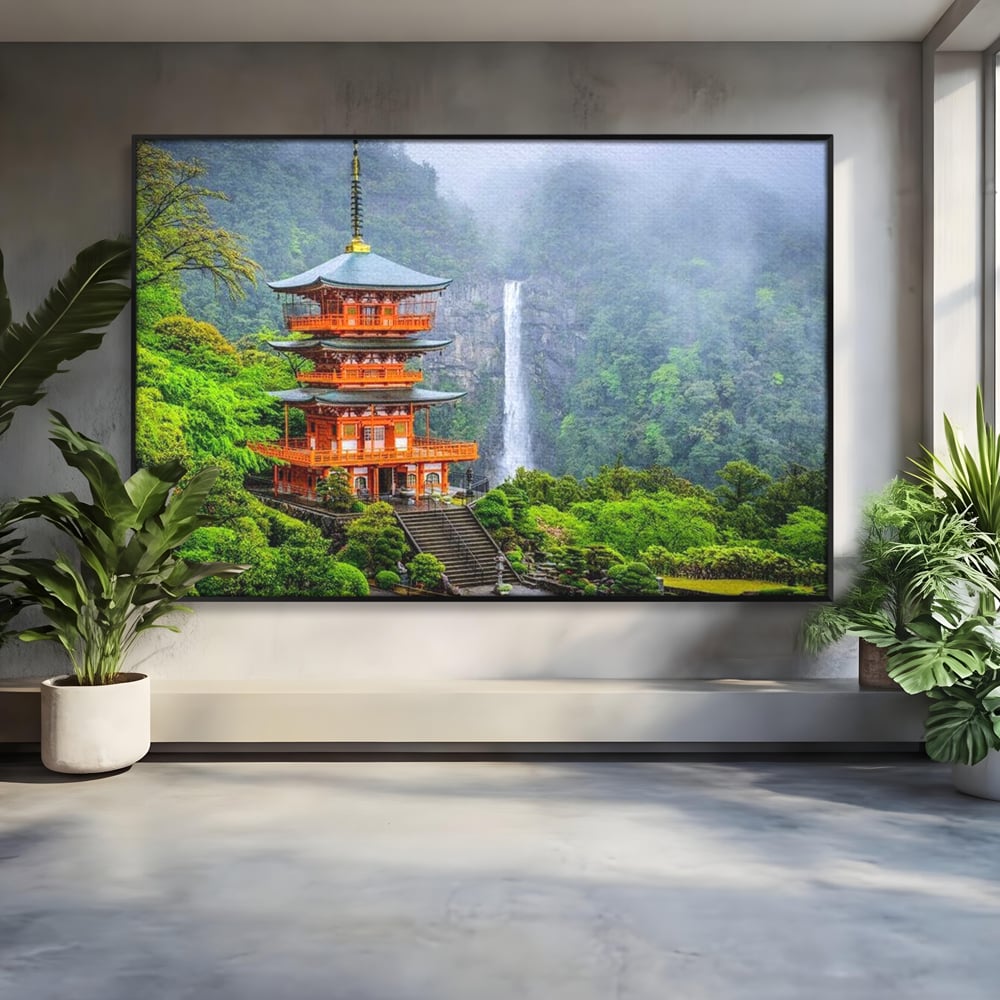 Tablou canvas cu tablou canvas cu pagoda si cascada, in rama de aluminiu negru